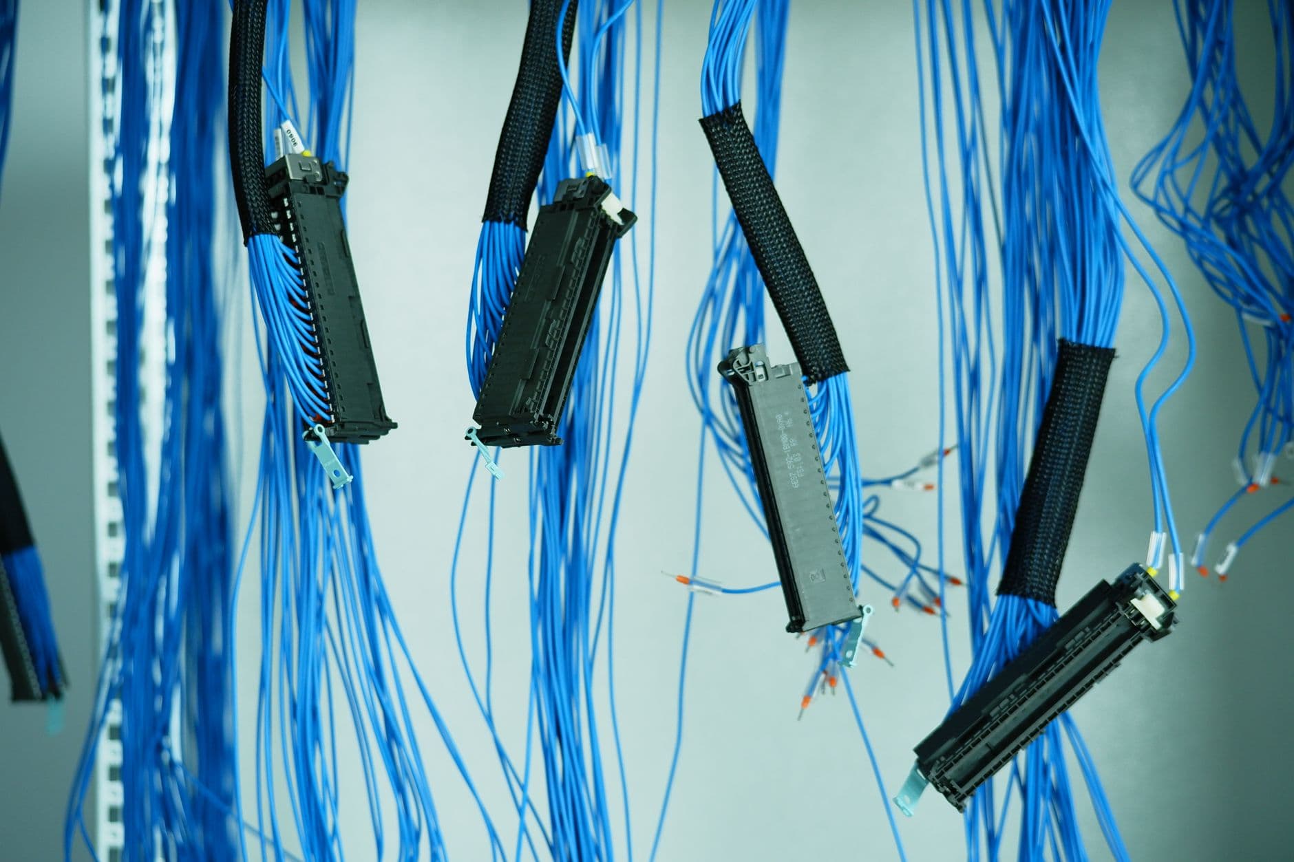 Blue wiring bundles with connectors