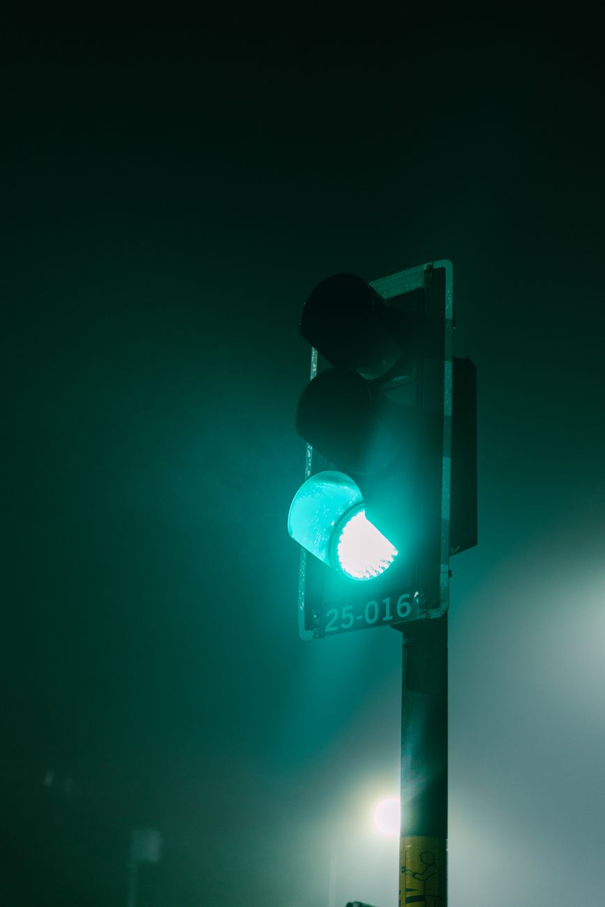 A traffic light showing green in fog