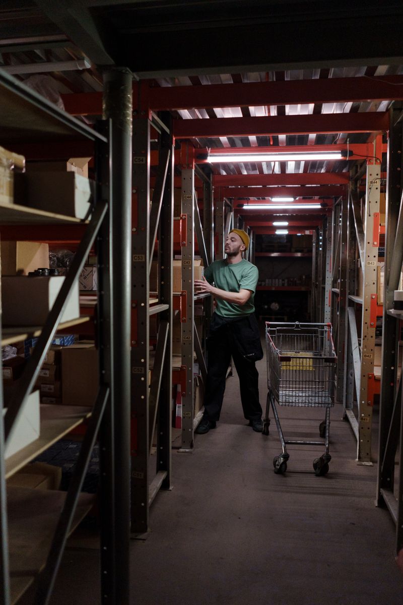 An order picker selecting items from warehouse shelving