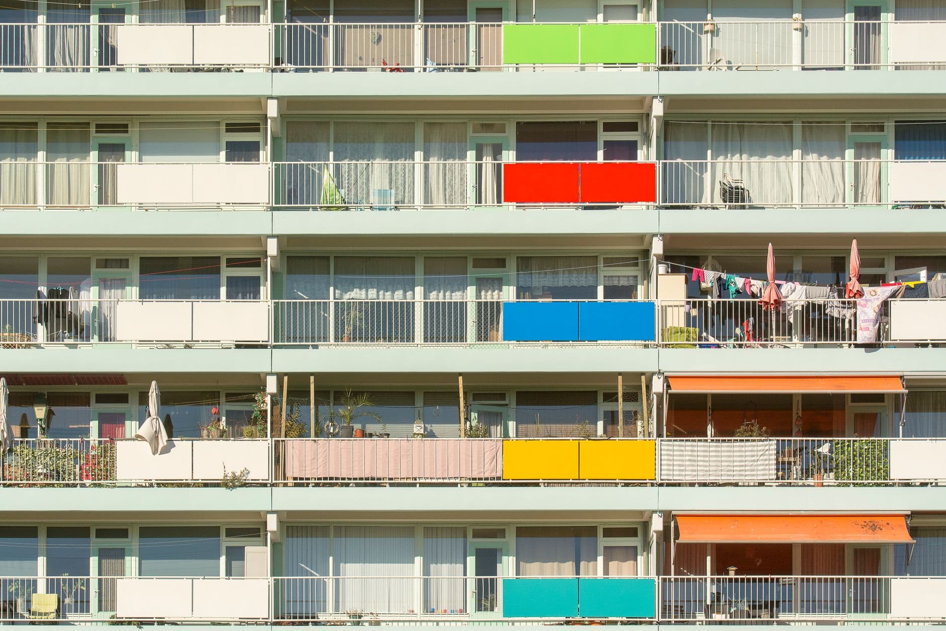 A facade of balconies, each one separate