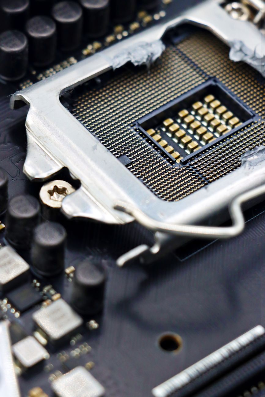 A CPU socket on a motherboard