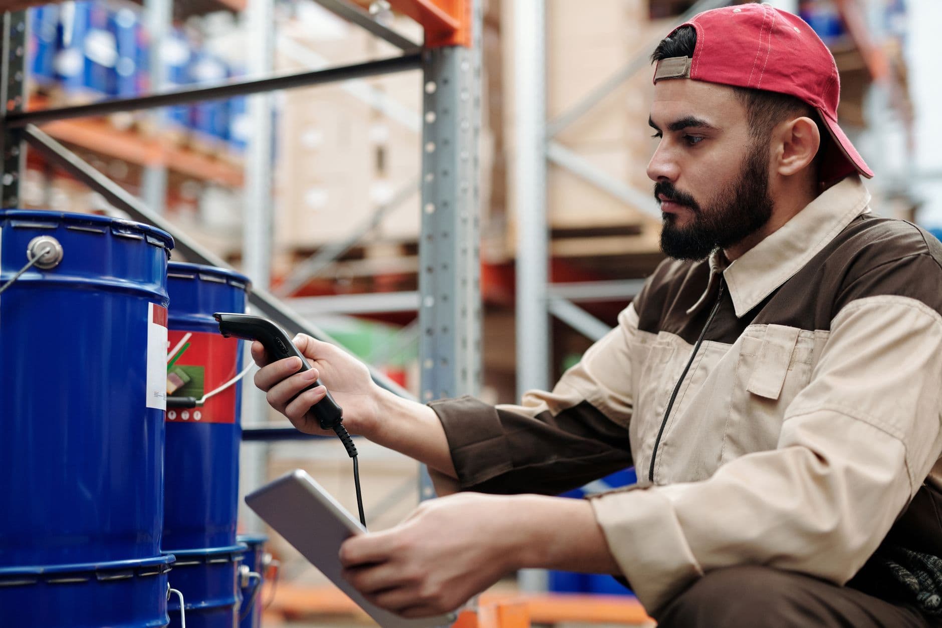 Barcoded location labels on warehouse racking, the addresses a location directive resolves to